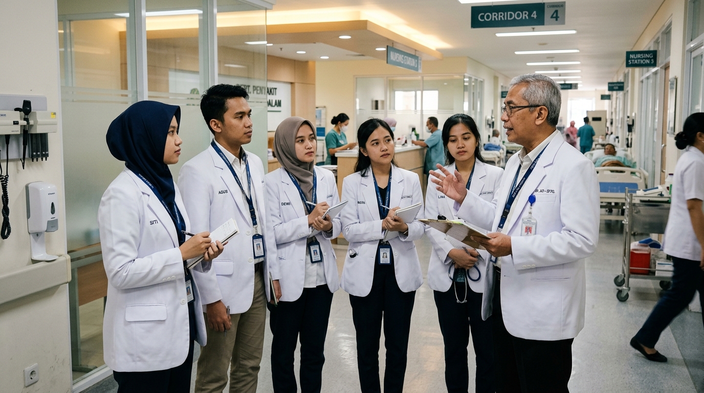 Kunjungan klinis mahasiswa di koridor rumah sakit mitra bersama dokter pembimbing